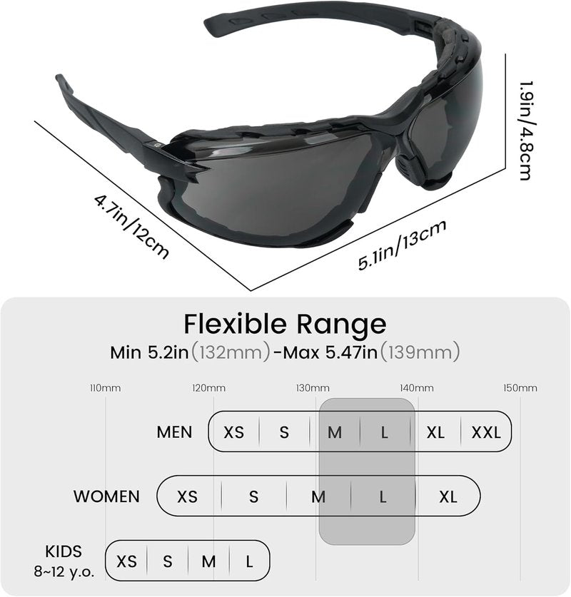 Flaya Adjustable Safety Glasses - Foam Lined, ANSI Z87.1 Anti-Fog Goggles for Men & Women | UV400 Protection