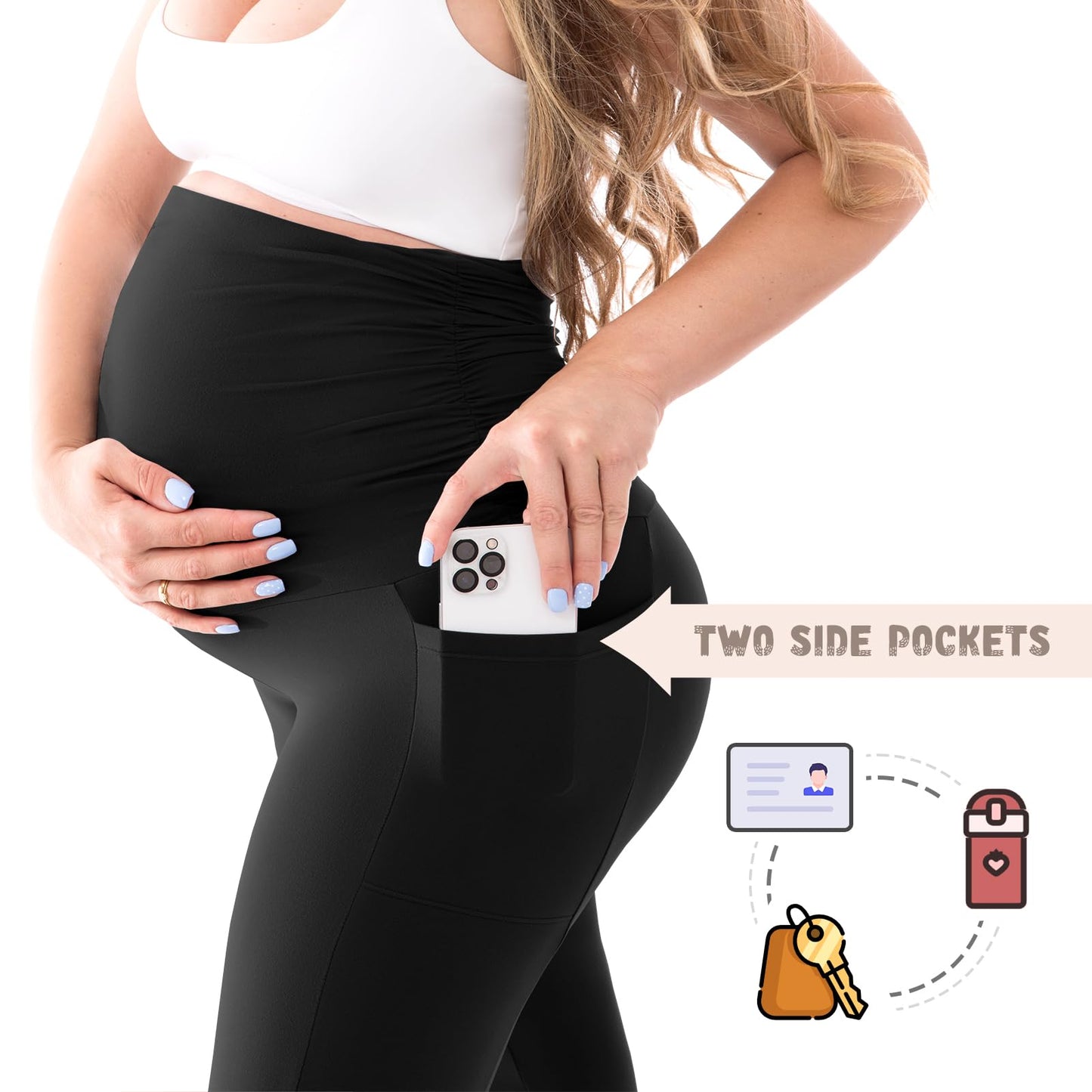 Walifrey Women's Maternity Leggings with Pockets Over the Belly,Pregnancy Yoga Pants Activewear Workout Leggings Black L