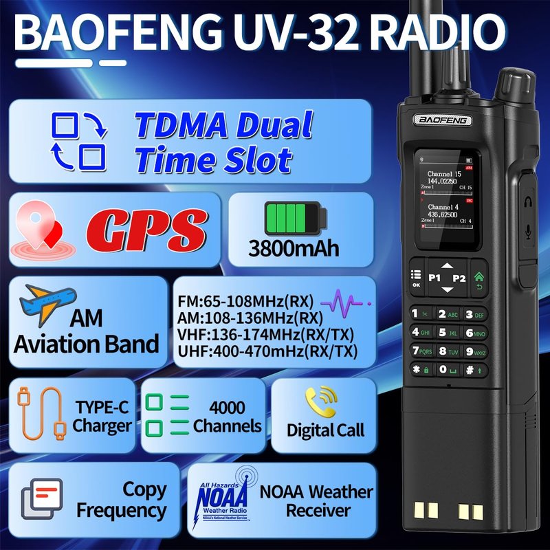 BAOFENG Radio DM32 DMR Radio10W Long Range Ham Radio Handheld 3800mAh Rechargeable Walkie Talkies NOAA Weather Radio DM-32UV Two Way Radio with USB-C Charging,Copy Frequency for Survival Gear Hunting