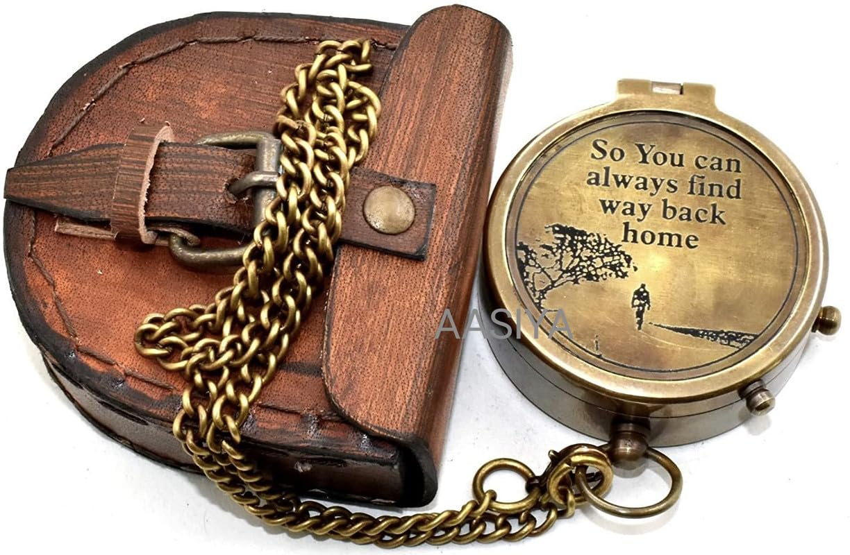 AASIYA Brass Chain Compass with Leather Case for Hiking and Camping - Engraved Pocket Compass - Vintage Navigation Tool