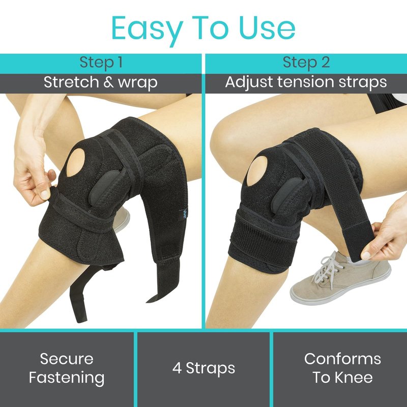 Vive Hinged Knee Brace - Relieves ACL, MCL, Meniscus Tear - Lightweight, Comfortable, Breathable Open Patella Wrap with Side Stabilizers - for Women & Men - Adjustable Strap for Tendonitis