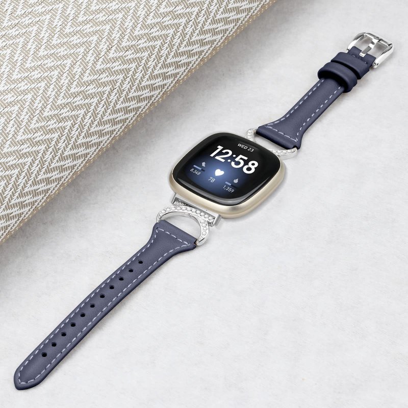 FitTurn Compatible with Fitbit Sense 2/Fitbit Versa 4 3 Bands for Women Men, Soft Genuine Leather Band Slim Strap Replacement Accessory Wristband + Metal rhinestone Adapter (Blue)