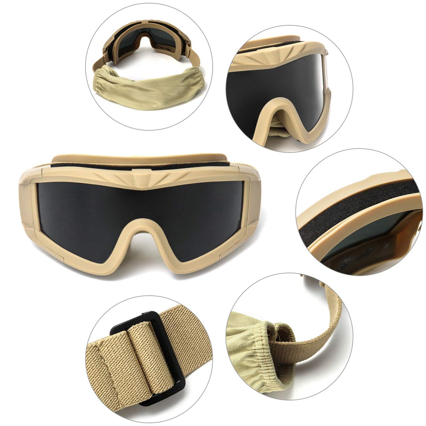 QWORK Airsoft Goggles, Outdoor Sports Military Airsoft Tactical Anti-Fog Goggles with 3 Interchangable Lens, UV Protection Shooting Glasses for Paintball Riding Cycling
