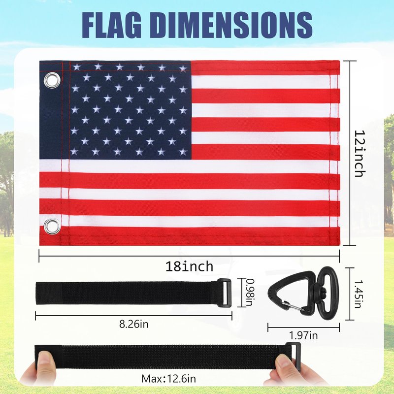 TRINKA Golf Cart Flag with Elastic Strap Bracket, Easy Installation American Handicap Flag for Golf Cart, Boat, Bike (2 Pack 12" x 18" American Flags)