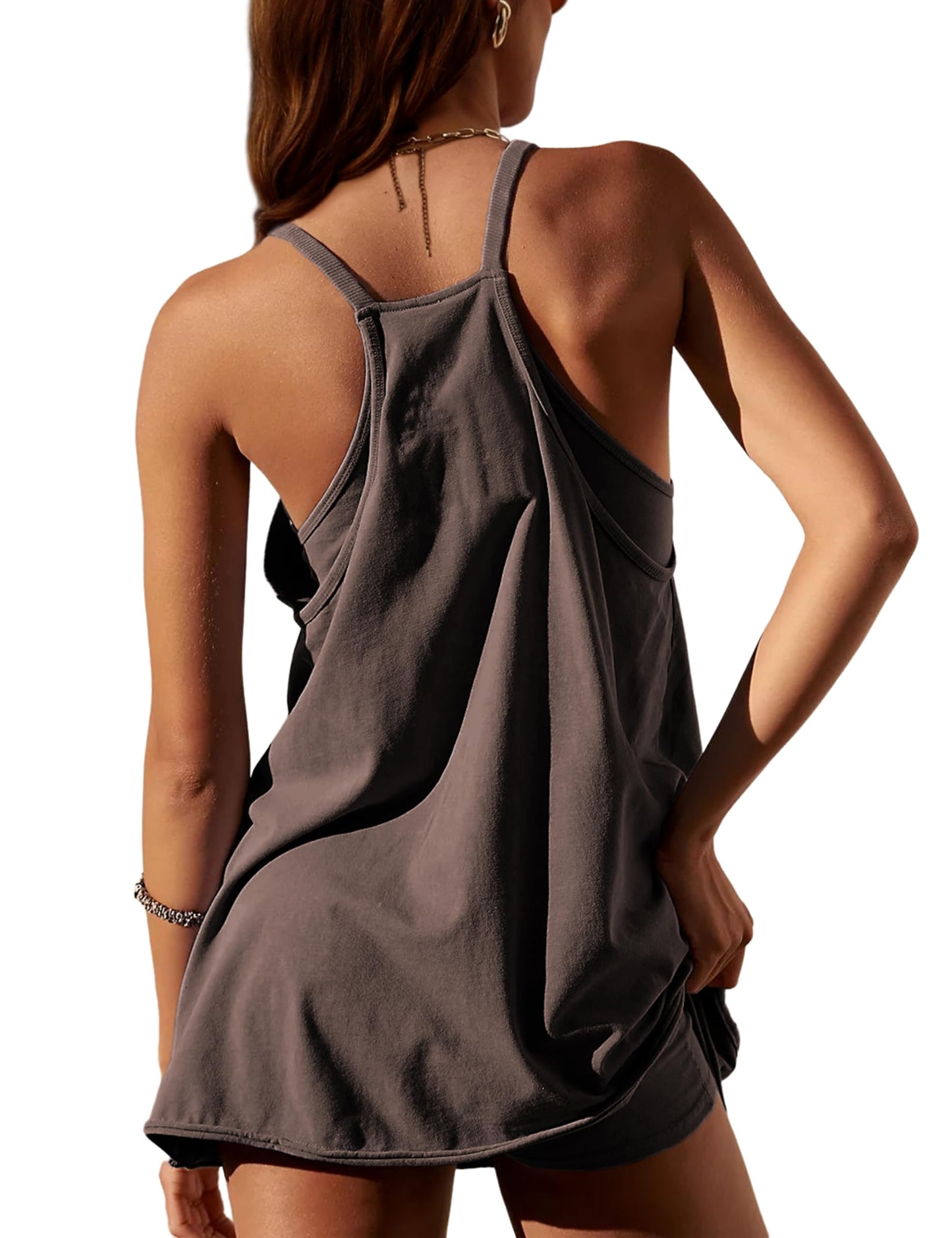 Lentta Womens Athletic Sleeveless Mini Dress with Built-in Shorts V Neck Spaghetti Strap Sundress(Coffee-XL)