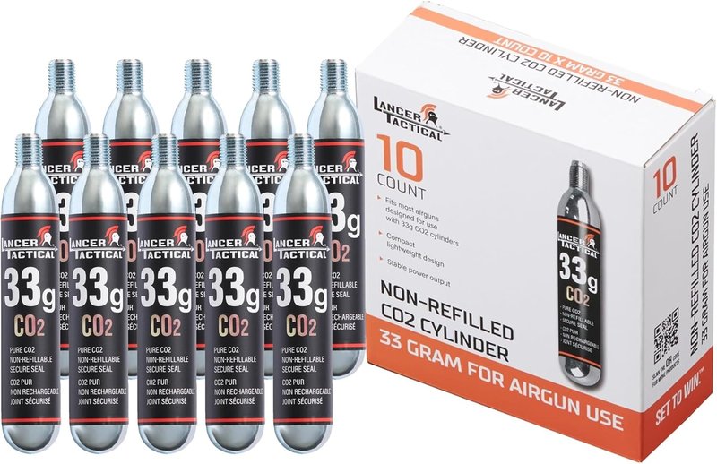 Lancer Tactical 33g CO2 Cartridges - 10 Pack for Airsoft & Airguns | Compatible with Life Jackets & Vests