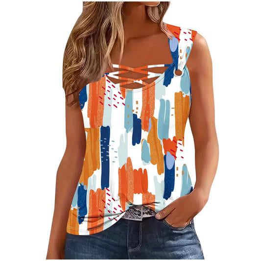 Gcvizuso Flash Deals of The Day Womens Tank Tops Summer Casual Printing Tee Vacation Dressy Fashion Tshirt 2024 Sleeveless Loose Fit Blouse Womens Summer Tank Tops