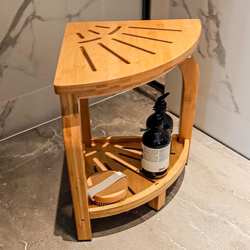 Bamboo Corner Shower Stool - Waterproof Bath Bench with Storage Shelf | Holds Up to 450 lbs