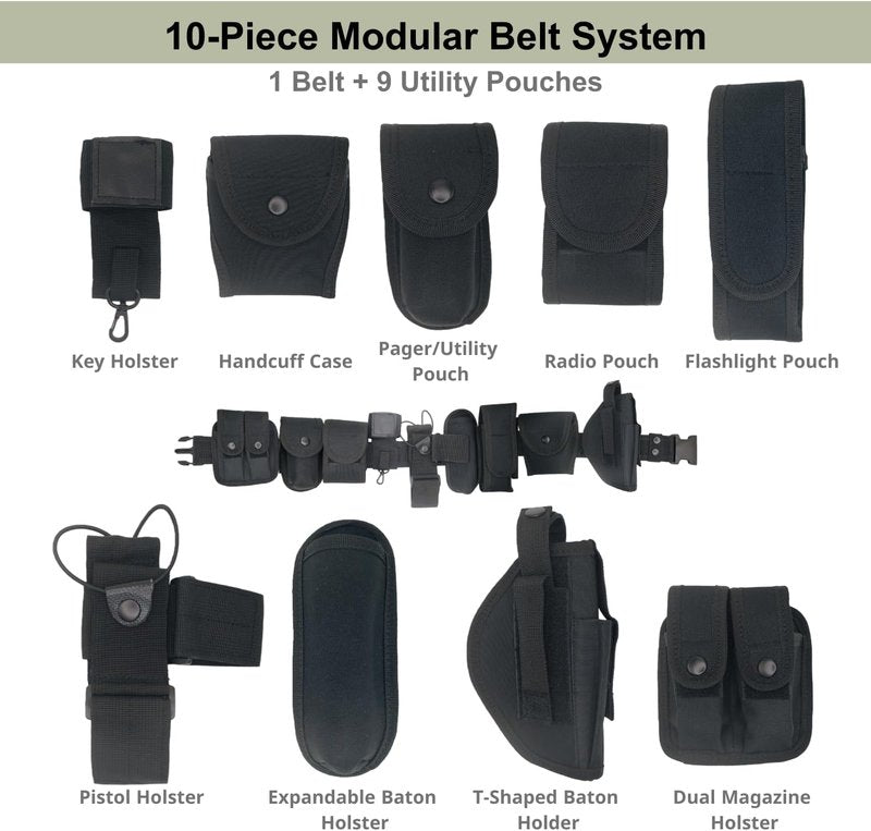 Tactical Utility Belt - 10-in-1 Duty Belt with 9 Modular Pockets | Heavy-Duty 600D Nylon, Adjustable 29.5-47.2 Inches for Security & Outdoor Use