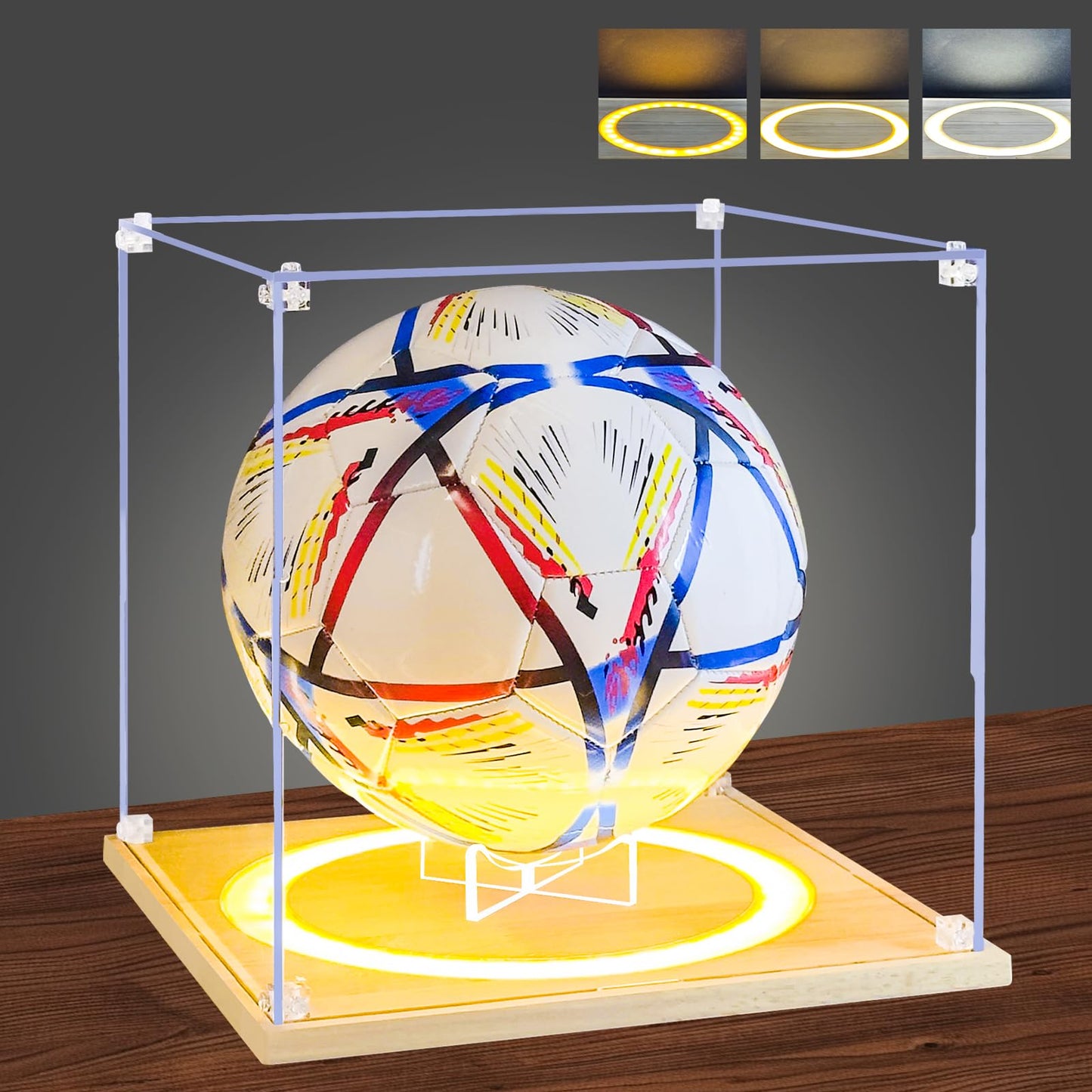DORYBEN Soccer Display Case with Light,Full Size Acrylic Box with Removable Built-in Ball Display Stand, UV Protected Clear Case for Soccer Fans & Collectors, Sports Collectibles