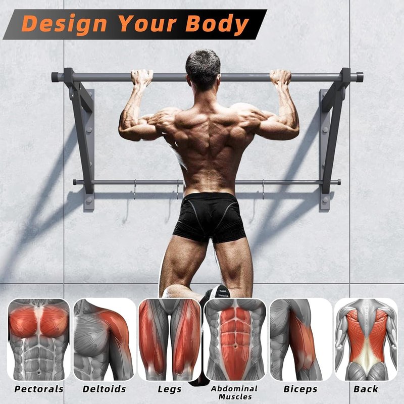 ZHNSYDN Wall Mounted Pull Up Bar, Strength Training Chin Up Bar for Doorway and Wall Mount with Hooks, Adjustable Depth Pull-up Bar with 500LBS Weight Capacity, Heavy Duty Gym Home Training