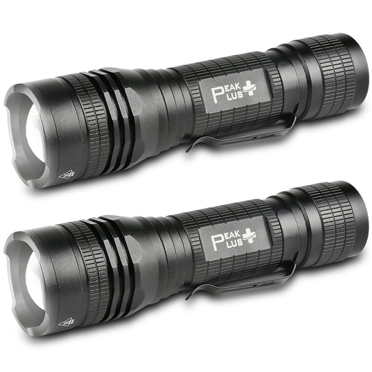 PeakPlus LED Tactical Flashlight PTAC1000 [2 Pack] - Single Mode, High Lumen, Zoomable, Water Resistant, Flash Light - Camping, Outdoor, Emergency, Everyday Flashlights with Clip