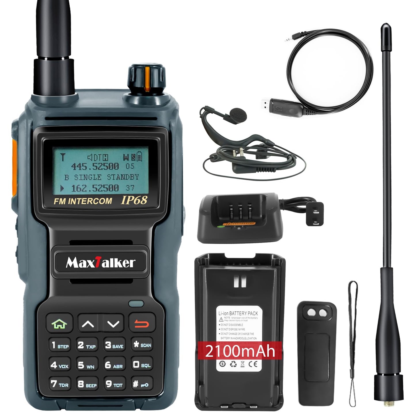 MaxTalker TK-W70 Ham Radio Long Range 5W, Handheld Radio with Programming Cable, Multi-Band Two Way Radio with 2100mAh Battery, IP68 Waterproof Ham Radio