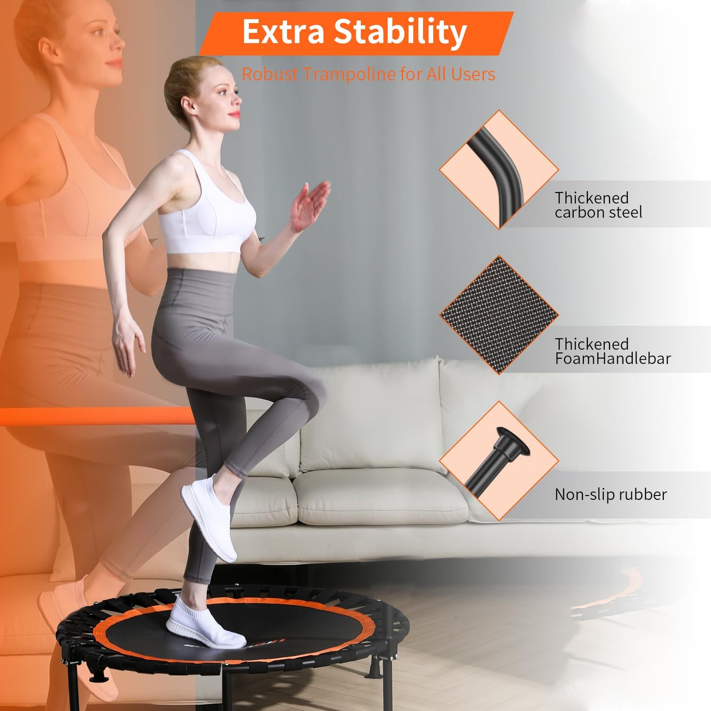 40"/48" Foldable Mini Trampoline Load 450lbs,Portable Exercise Rebounder Trampoline with Adjustable Foam Handle,Fitness Trampoline for Adults and Kids (48 in Without handrail)