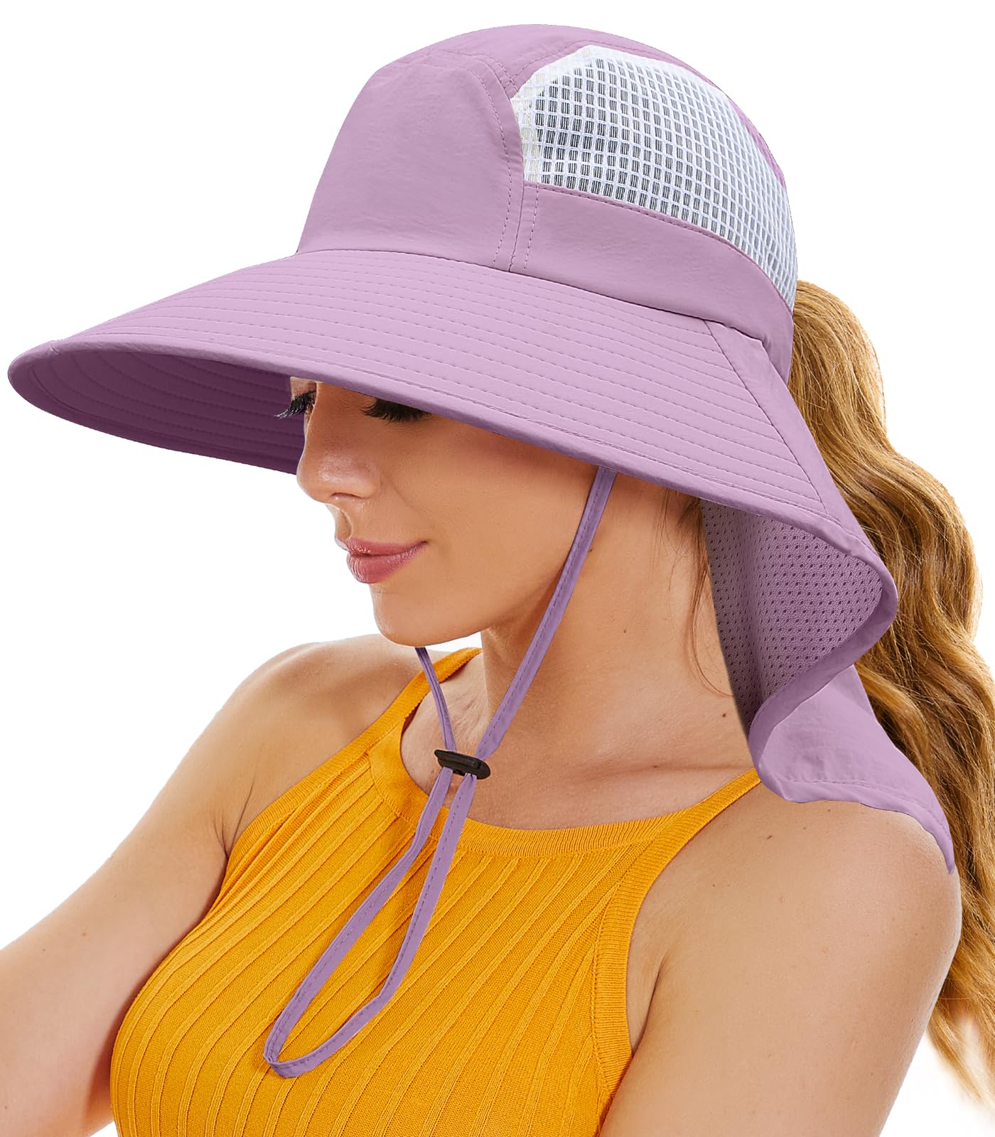 Sun Hats for Women UV Protection Wide Brim Beach Hats with Ponytail Hole with Neck Flap Waterproof for Hiking Fishing Gardening Travel Dark Purple