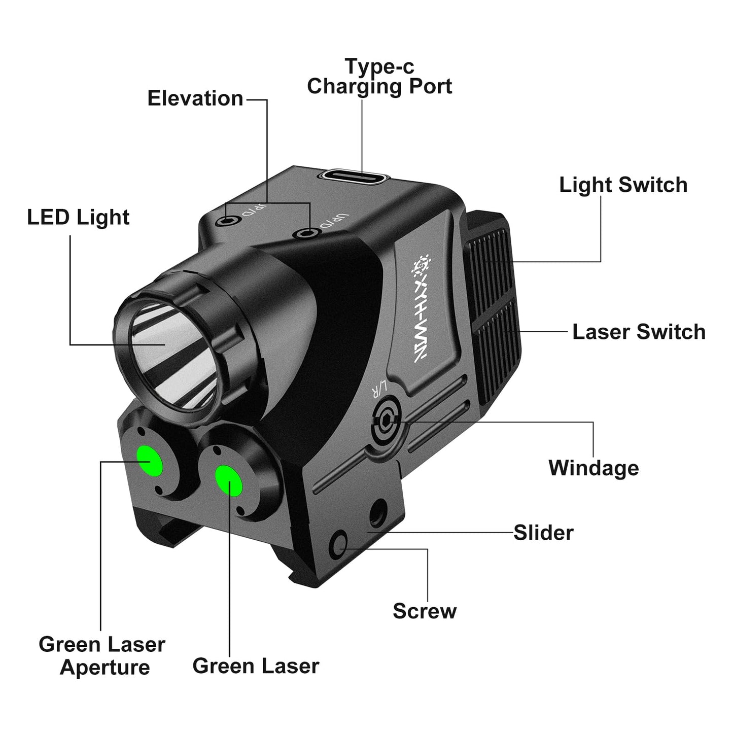XYH-Win 600 Lumens Weapon Tactical Light Green/Green Circle Laser Sight Combo, Pistol Light with Strobe/Constant Function, Dual-Color Laser Sight,USBC Rechargeable,Fits Standard Picatinny Rails