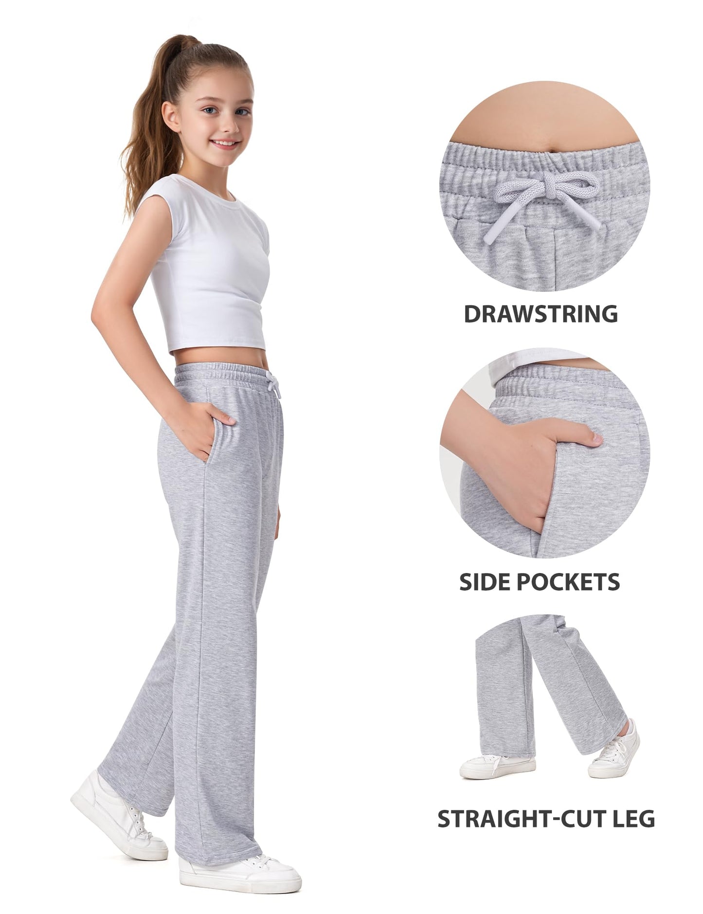 NUMYEAN Girls Sweatpants Straight Leg French Terry Joggers Baggy Sweatpants for Teen Girls Size 11-12Y Light Gray