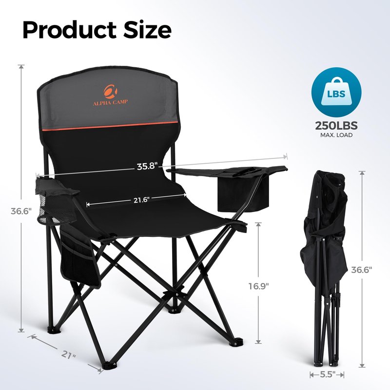 ALPHA CAMP Camping Chairs 250LBS Capacity, Heavy Duty Folding Chair with 4-Can Cooler Bag, Portable Outdoor Chair with Cup Holder for Adults, Collapsible for Tailgating, Beach, Fishing,Black,2PC