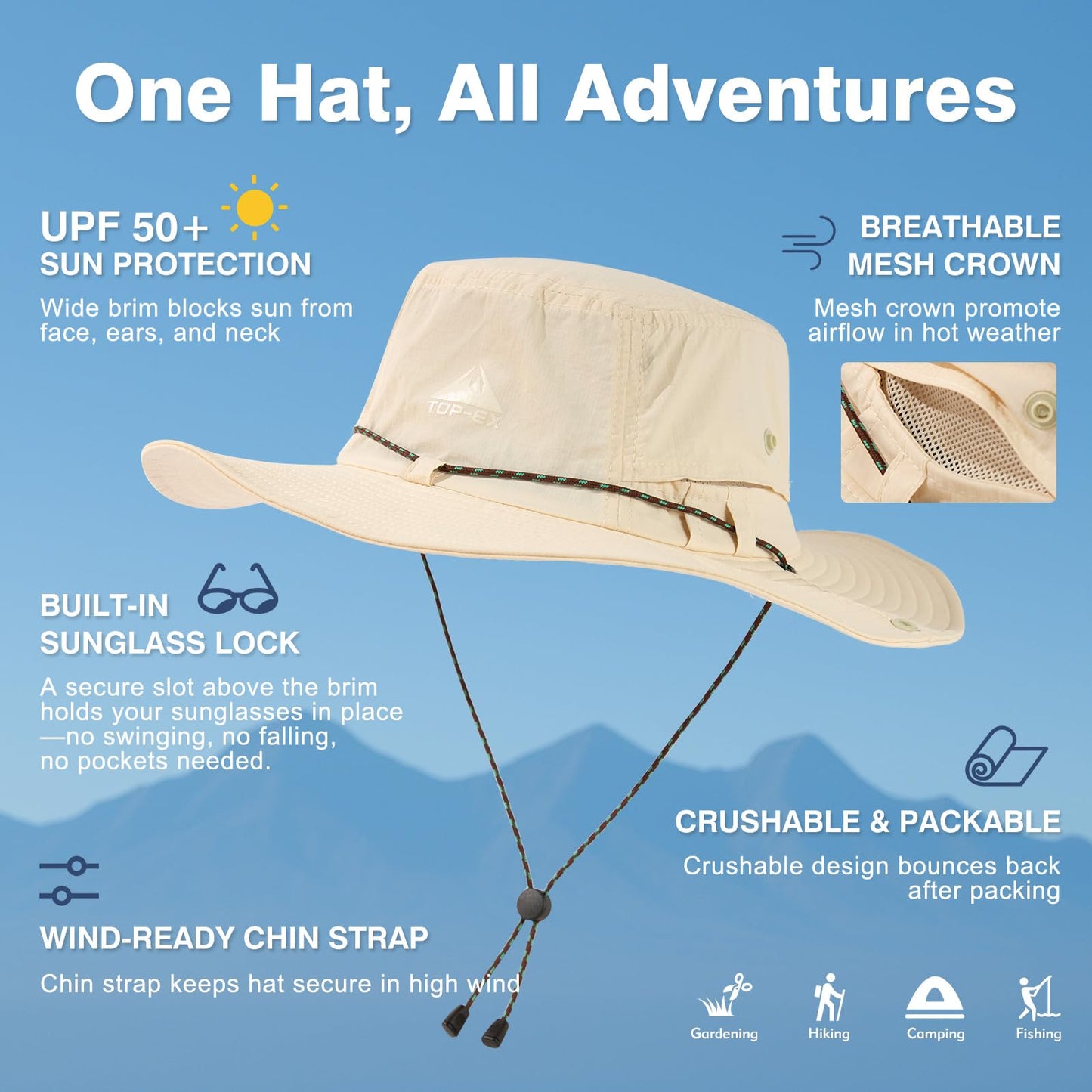 TOP-EX XL/XXL Mens Waterproof Sun Hat UV Protection Wide Brim Bucket Hat for Summer Travel Fishing Hiking Packable & Sunglass Lock Beige XL 62 63