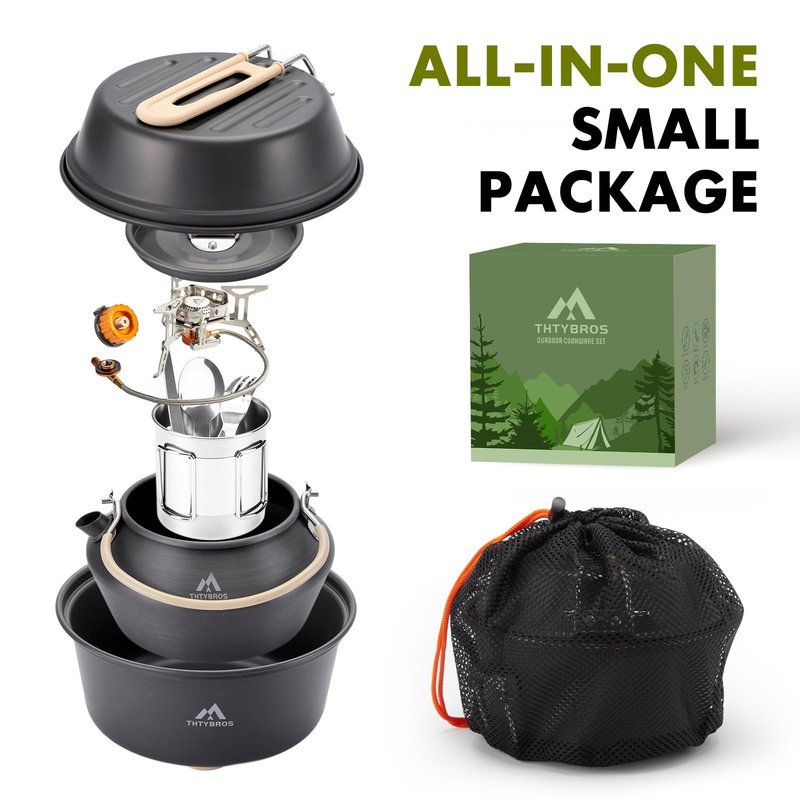 15pcs Camping Cookware Kit,Camping Cookware Mess Kit with 3500W Stove,Pot,Pan,Kettle Set with Stainless Steel Cup,Forks Knives Spoons for Hiking,Camping,Outdoor Cooking and Picnic