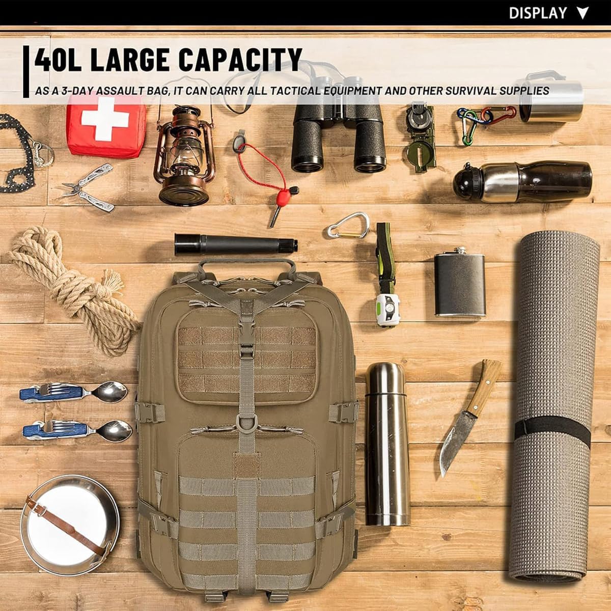 REEBOW GEAR Tactical Backpack - Military Style Assault Pack for Men | 40L Tan Hiking Daypack