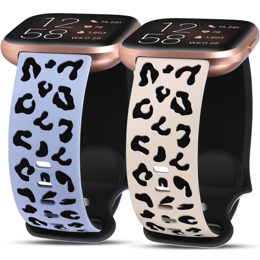 Minyee 2 Packs Leopard Engraved Band Compatible with Fitbit Versa 2/Fitbit Versa/Versa Lite Bands Women, Two-Tone Cheetah Soft Silicone Sport Designer Cute Fancy Summer Strap for Versa 2 Smart Watch