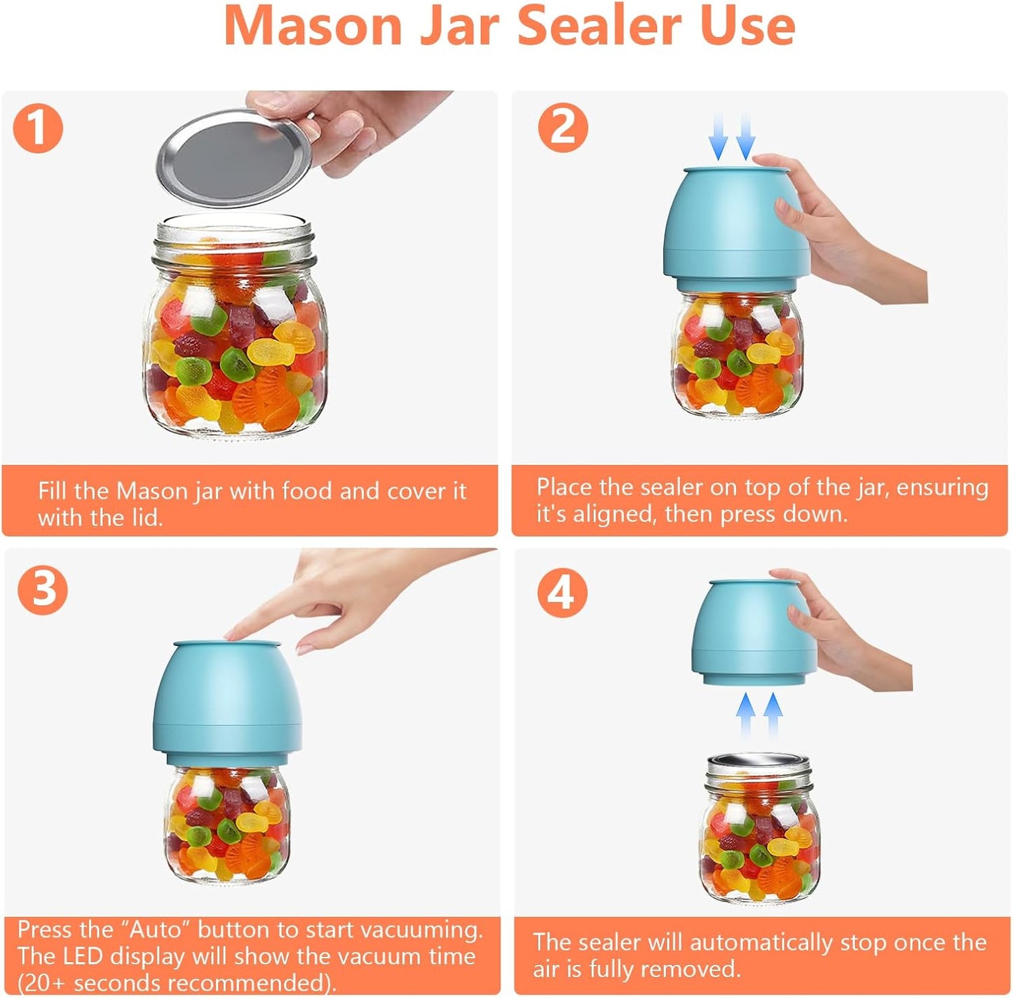 Electric Mason Jar Vacuum Sealer Kit - Automatic Food Storage & Fermentation | Includes 10 Lids, Blue