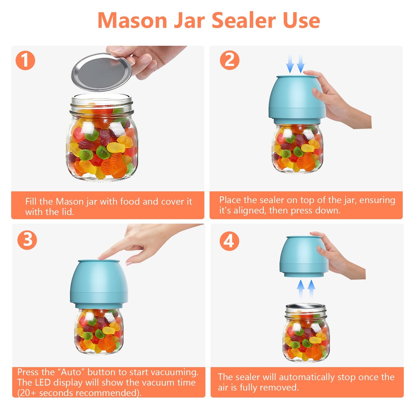 Zivif Electric Mason Jar Vacuum Sealer, Rechargeable Vacuum Sealing Kit for Wide & Regular Mouth Mason Jars, Automatic Jar Sealer for Canning and Food Storage, Includes Lids & Accessories, Blue