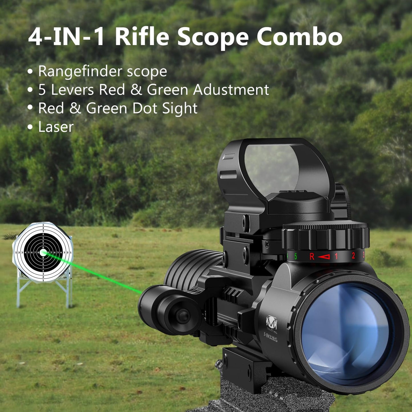 MidTen 3-9x32 4-in-1 Scope Combo with Dual Illuminated Scope Optics & 4 Holographic Reticle Red/Green Dot Sight & IIIA/2MW Laser Sight Rangefinder Illuminated Reflex Sight & 20mm Mount