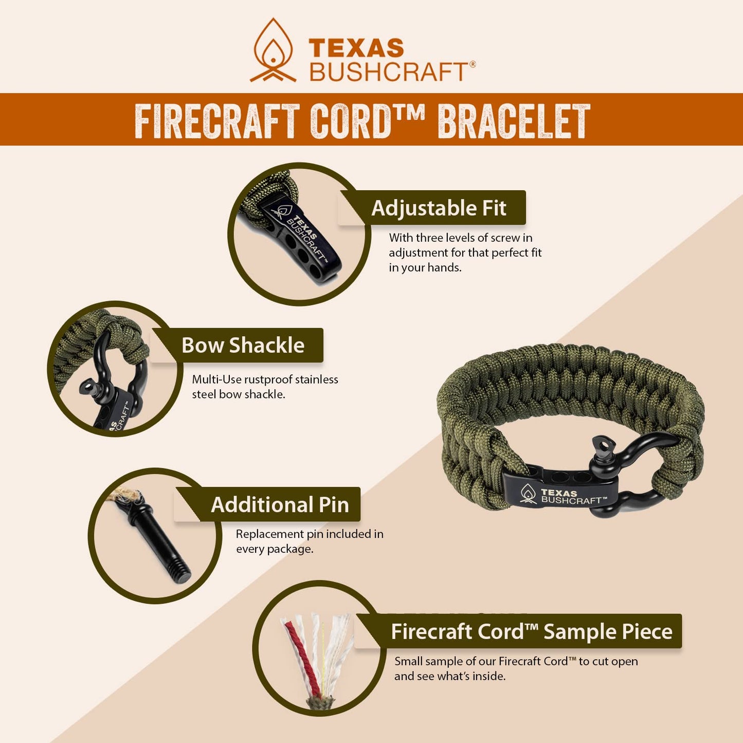 Texas Bushcraft Firecraft Cord Survival Bracelet – Paracord Bracelet with Bow Shackle for Camping and Emergency – 3 Extra Strands Include Wax Thread, Tinder, and Fishing Line (Army Green, L)