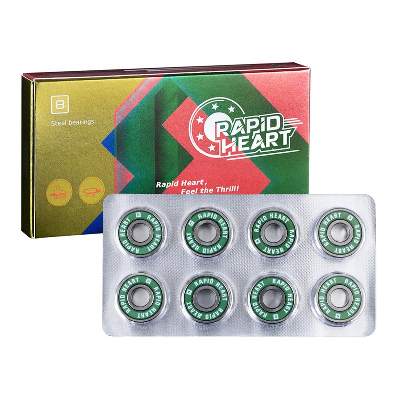 Rapid Heart 8 Pack 608 2RS Precision Steel Green Bearings. 30+ Second Spin Test. for Skateboards, Longboards, Inline & Roller Skates. Premium Quality,High-Performance Alternative.