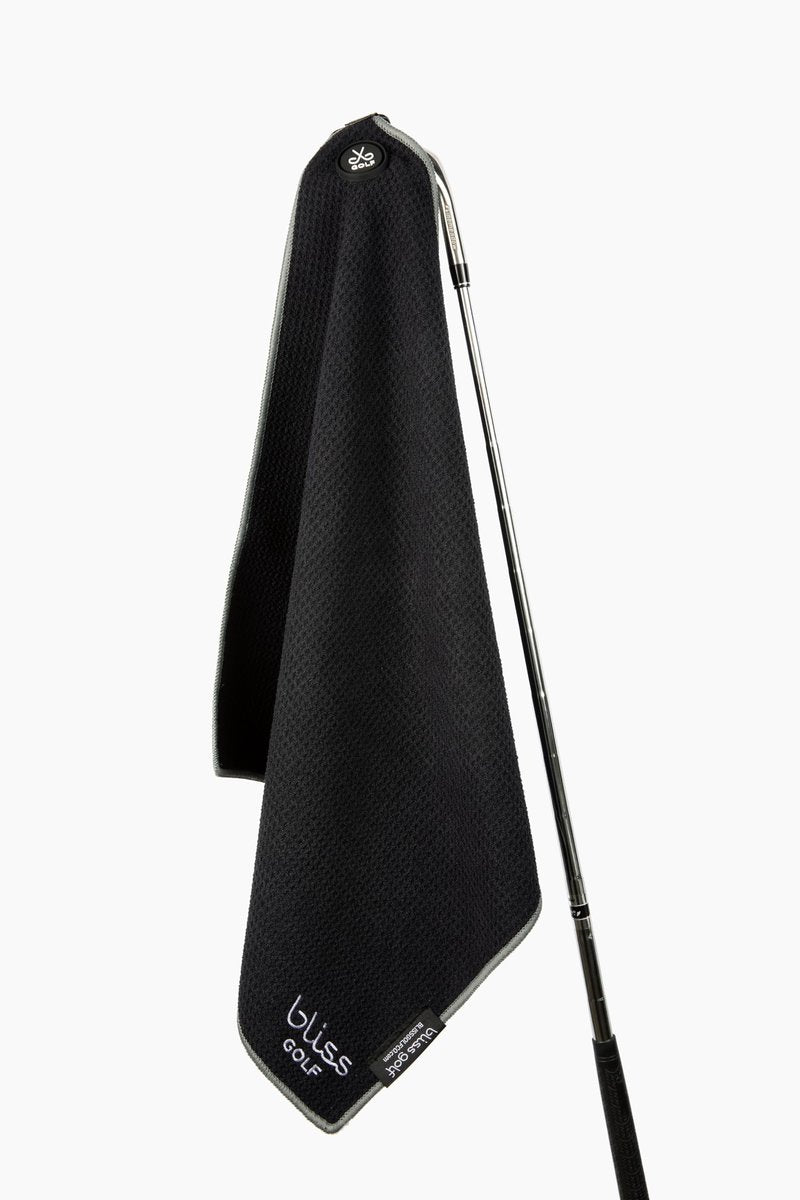 Bliss Golf Magnetic Golf Towel | Premium Microfiber Towel | Industrial Strength Magnet Attaches to Golf Carts and Clubs | Deep Waffle Pockets | Bag Buckle | Stylish and Convenient (Black)
