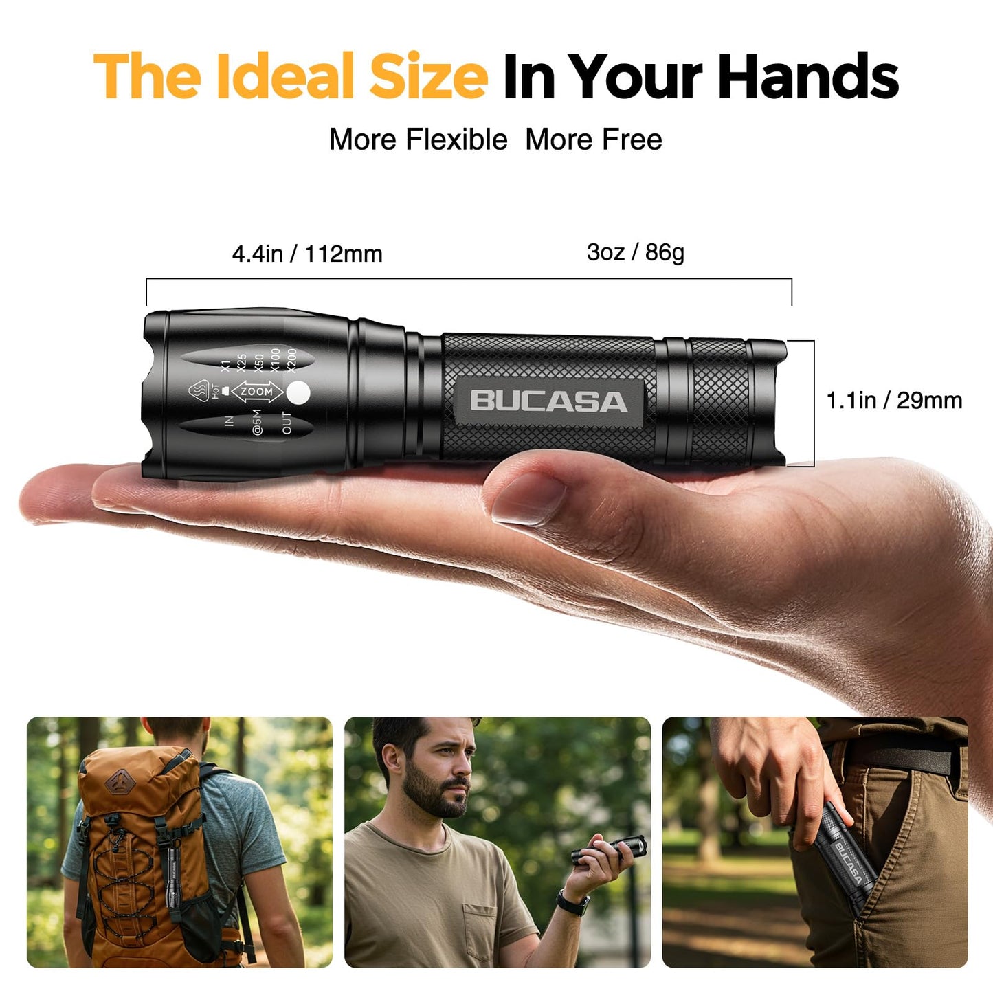 BUCASA Rechargeable Flashlights High Lumens 3 Pack, Brighter Small Flashlight Powerful Tactical Flashlights Rechargeable, Waterproof LED Flashlight with 3 Modes Zoomable for Camping Emergency