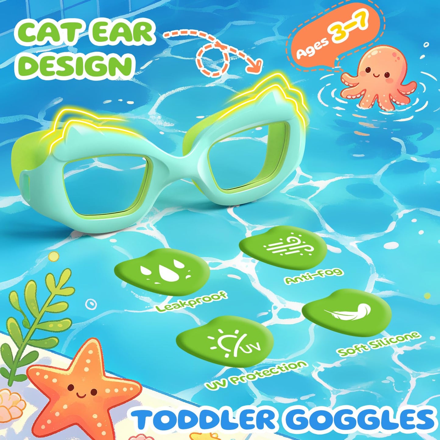 KOMETRA Toddler Swim Goggles 2 Pack, Swimming Goggles for Toddler Boys Girls 3-7, Anti-Fog Anti-UV Leakproof Pool Goggles