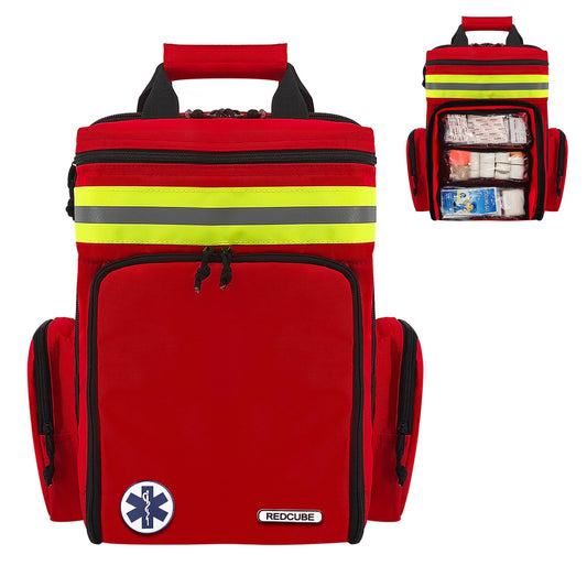 REDCUBE First Aid Backpack,Emergency Medical Backpack Empty, Survival Essentials Trauma Kit Bag First Responder Carrier for EMT, Paramedics, Red