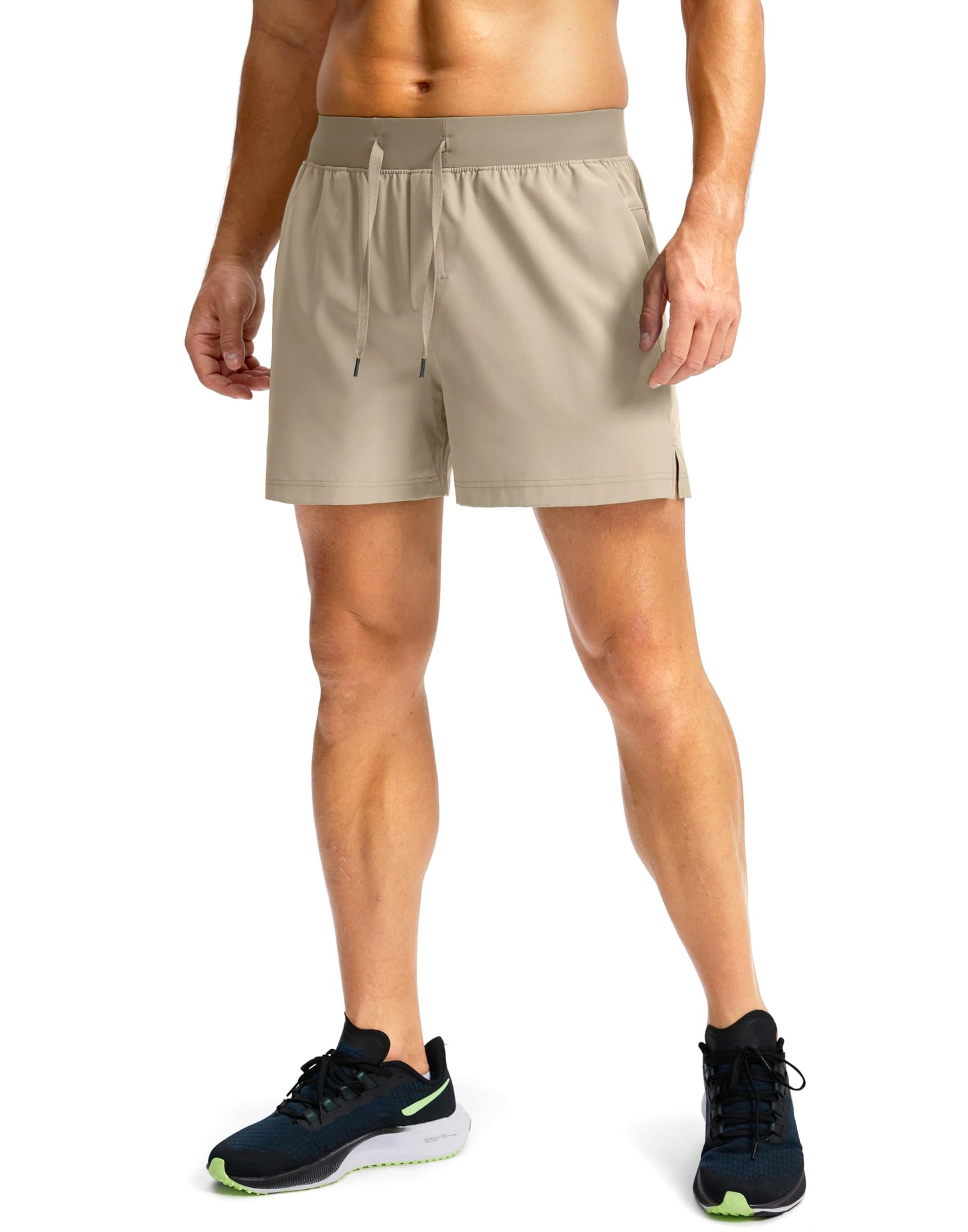 Soothfeel Men's Running Shorts with Zipper Pockets 9"/ 7"/ 5" Lightweight Quick Dry Basketball Gym Workout Athletic Shorts for Men (Khaki, L)