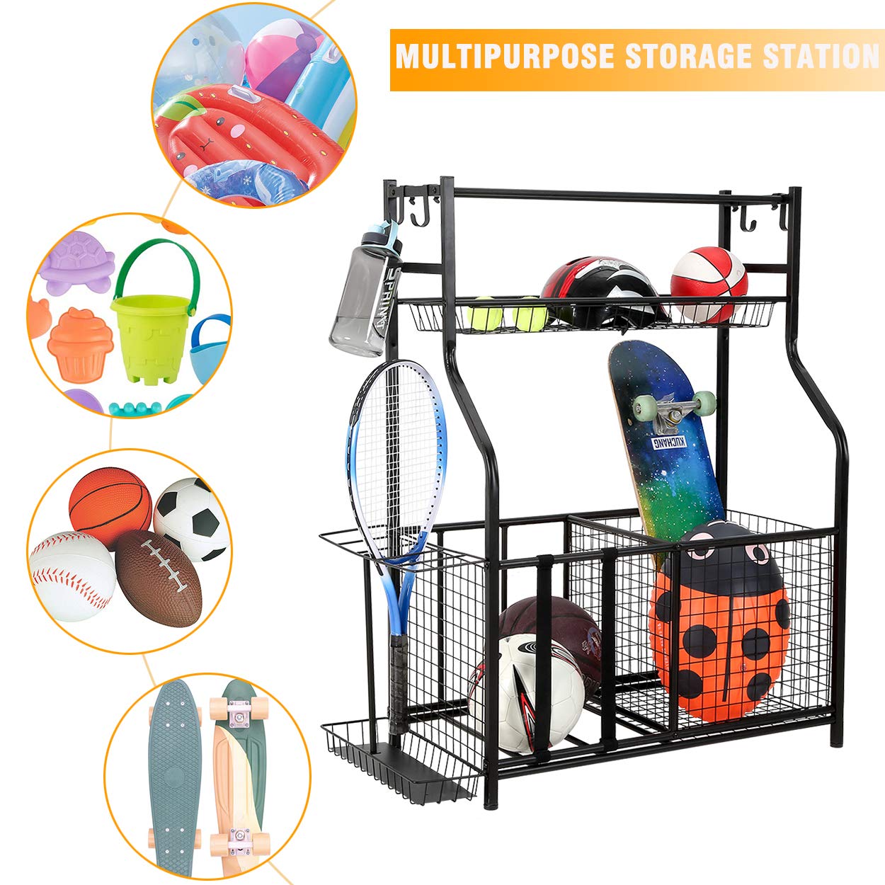 Snail 4-Tier Garage Sports Equipment Storage Organizer Sports Ball Storage Rolling Cart with Basket and Hooks Lockable Sports Ball Cage Storage Rack for Garages, Playgroup, Gym and Schools, Black