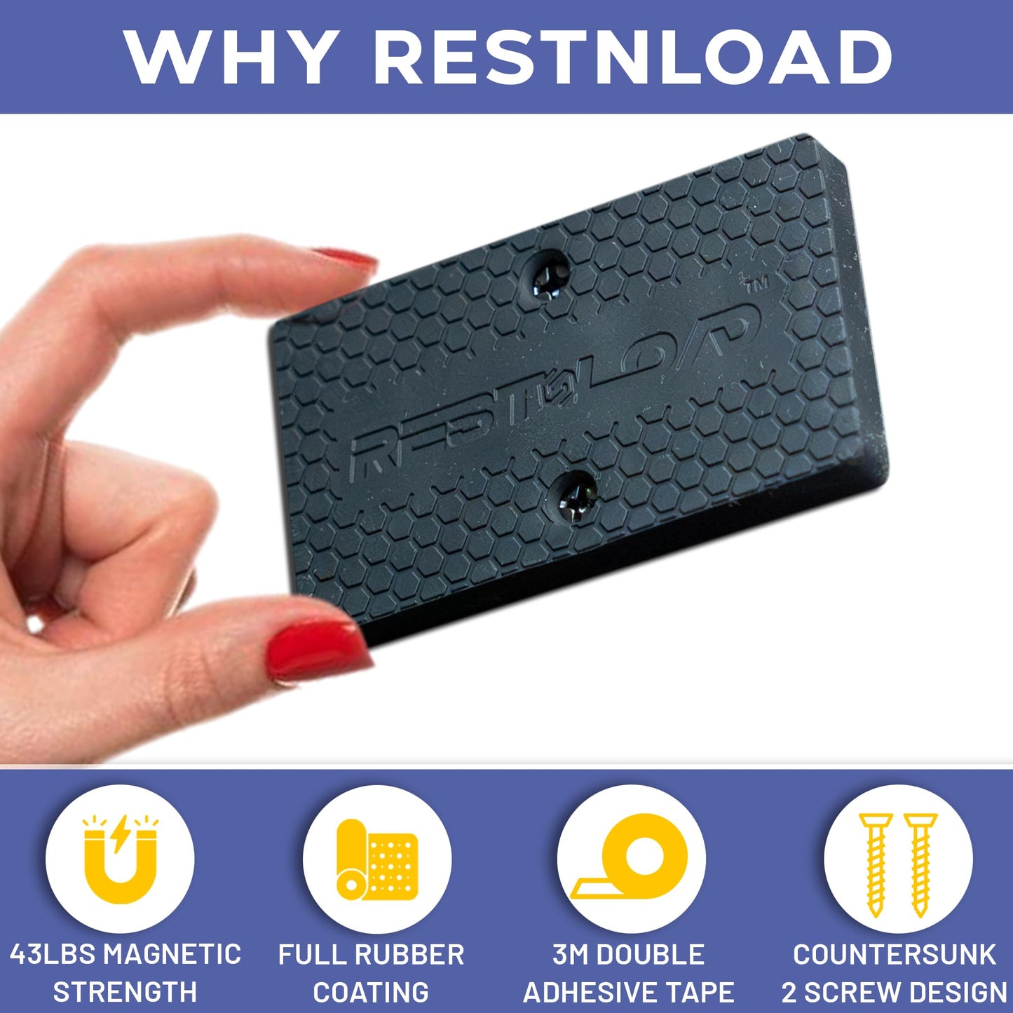 RESTNLOAD Universal Magnetic Gun Mount, Gun Magnet 43lbs. Rating, (2-Pack) Gun Holder Magnetic Holster for Cars, Trucks, Walls, Desks, Fully Rubber Encapsulated Design