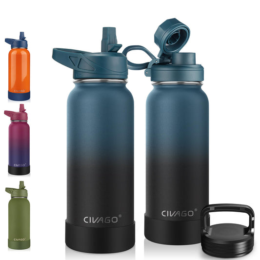 CIVAGO 32 oz Insulated Water Bottle With Straw, Stainless Steel Sports Water Cup Flask with 3 Lids (Straw, Spout and Handle Lid), Wide Mouth Travel Thermal Mug, Indigo Black