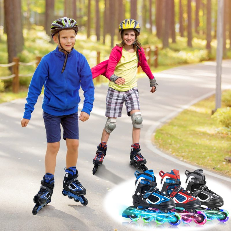 MonSports Adjustable Inline Skates for Kids,Black Blade Roller Skates with Light-up Wheels for Beginner Boys,Girls and Youth Size S(US10-13c)
