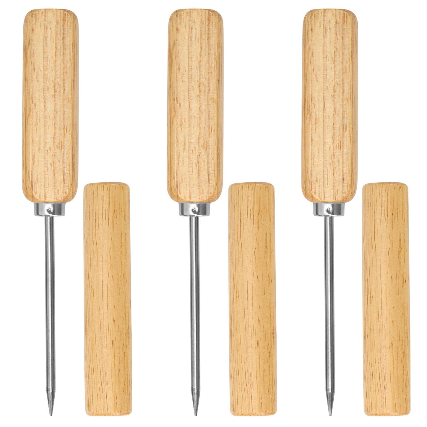 3 Pack Wooden Ice Picks with Cover, Pick Tool for Breaking Ice Ice Dispenser for Bartending, Ice Hockey Shaving, Bar, Banquet, Camping