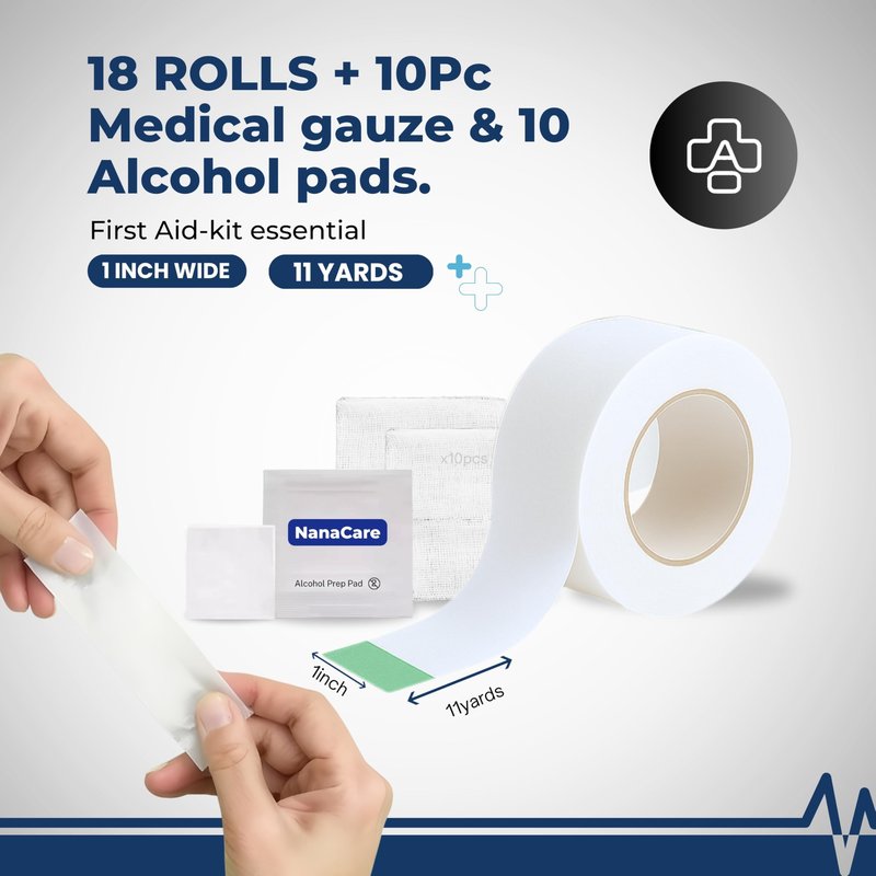 Paper Medical Tape Waterproof, 18 Rolls x 1 inch + 10 pc Gauze Pads - Hypoallergenic Surgical Tape for Wound Care, Dressings & Face, First Aid Waterproof Bandage for Sensitive Skin - NanaCare
