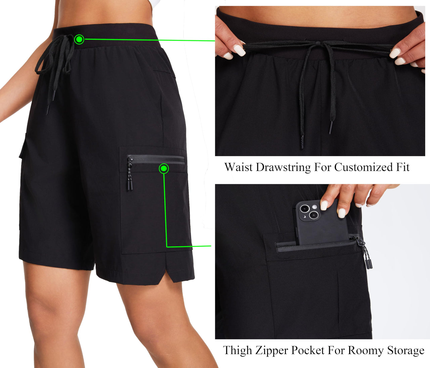 Oalka Women's Hiking Shorts Lightweight Zipper Pockets Cargo Quick Dry Summer Shorts Black XL