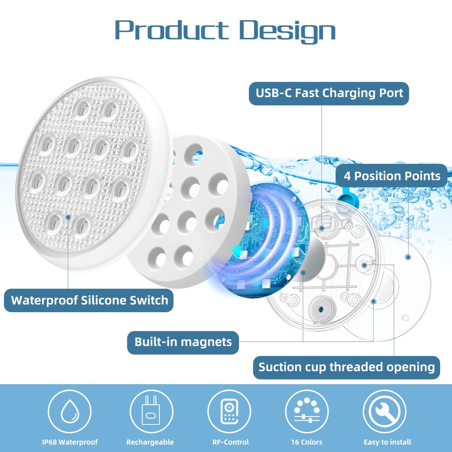 Ueyake Rechargeable Submersible Led Lights, Pool Lights with Remote, IP68 Full Waterproof Underwater Lights Built-in Magnet 16 Color Changing Floating Lights for Bathtubs, Ponds(4 Pack)
