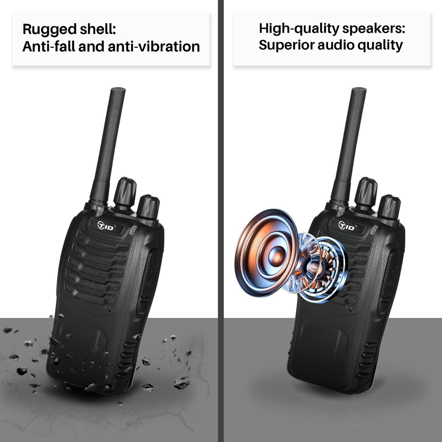 TIDRADIO TD-V2 Walkie Talkies for Adults Long Range, Rechargeable Two Way Radio Earpiece with MIC,16 Channels Handheld Walkie-Walkie(2 Pack, Black)