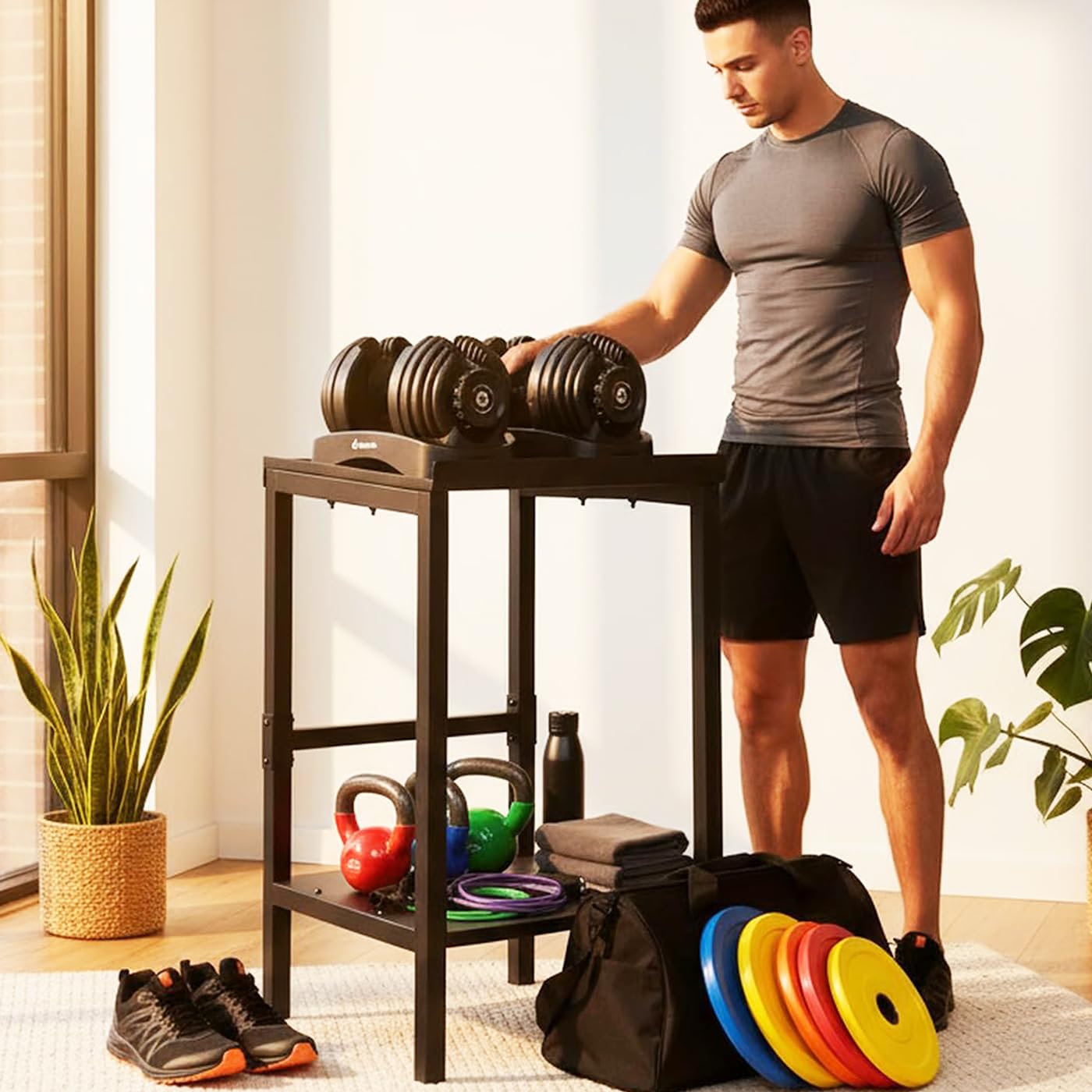 OGODU Black Heavy Duty Adjustable Dumbbell Stand - Home Gym Storage Rack with Non-Slip Base, Anti-Tip Safety & Space-Saving Design