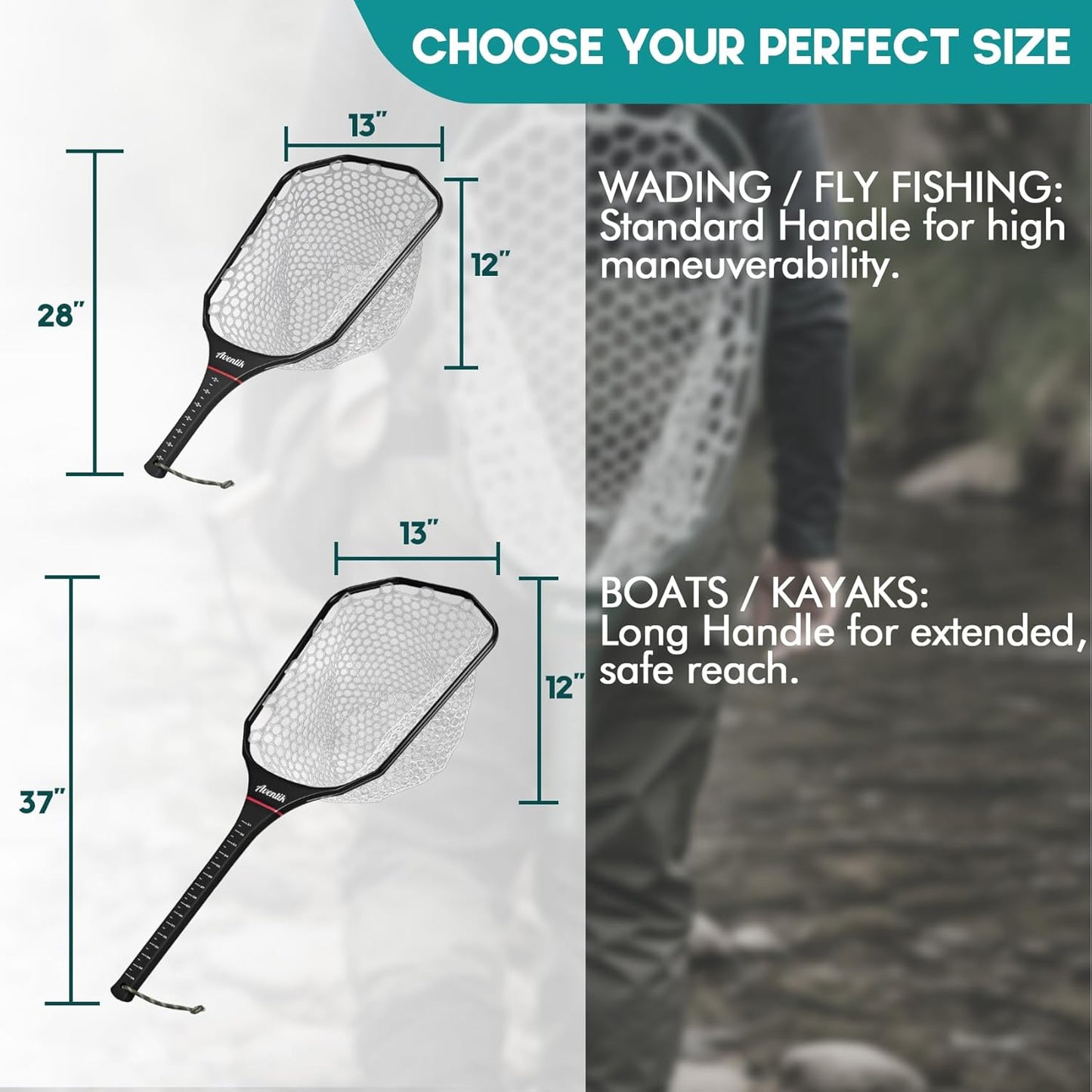 Fly Fishing Landing Net - Carbon Fiber Trout Net with Measurement Handle & Soft Rubber Mesh | 26” Standard / 37” Long