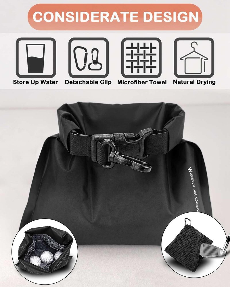 BUMOVE Golf Club and Ball Cleaning Pouch with Attached Towel, Portable Cleaner Bag for Cleans Club Grooves, Waterproof Clean Face Technology Liner - can Store Water, Detachable Clip (Black)