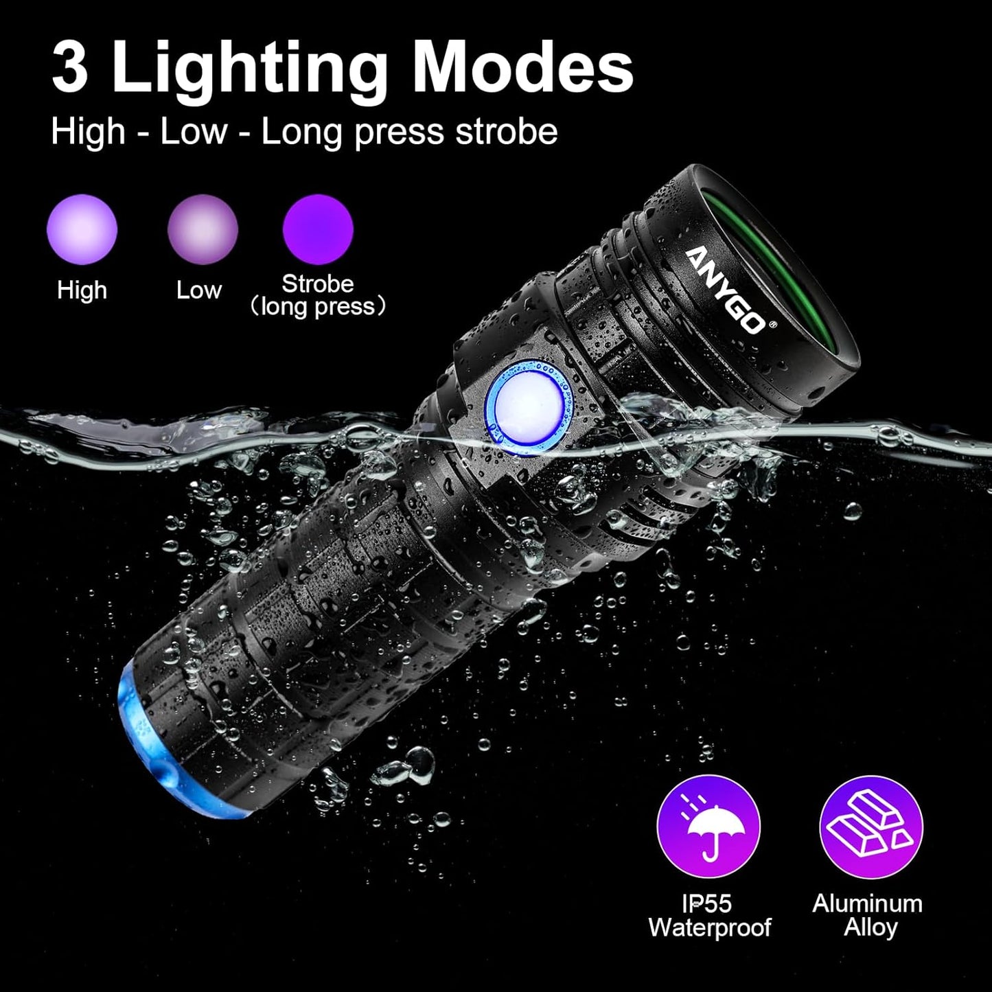 High-Power 365nm Black Light Flashlight - Rechargeable UV Light for Pet Urine Detection | Bed Bug & Jade Exploration