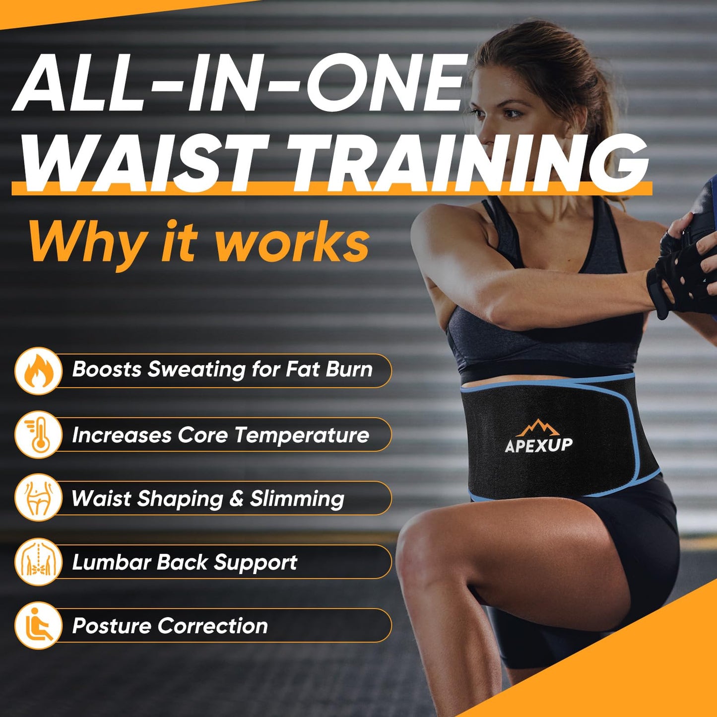APEXUP Waist Trainer for Women Lower Belly Fat, Men Sweat Band, Stomach Wrap, Waist Trimmer with Removable Lumbar Support (Black/Blue, XL)